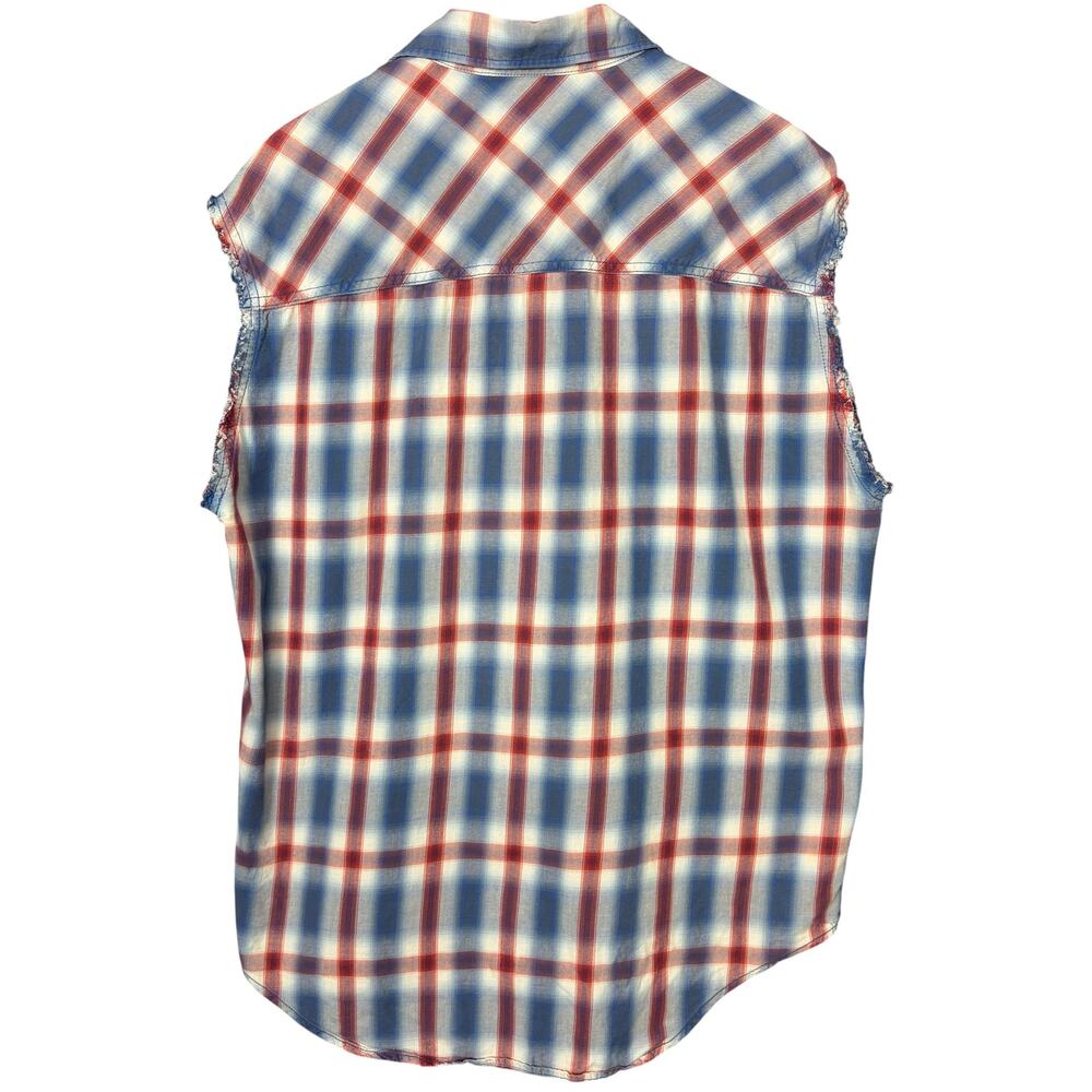 Cody James Western Plaid Sleeveless Shirt Mens Large Red Blue Cutoff Cowboy - Picture 2 of 10